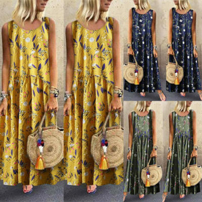 

USSTOCK Women Boho Floral Crew Neck Sleeveless Long Dress Party Beach Maxi Dress