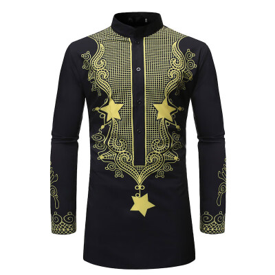 

Mens Printed High Neck Party Ethnic Tops Casual Plus Size Long Sleeve Shirts