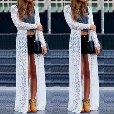 

Women Sheer Lace Bikini Cover-up Summer Cardigan Swimwear Beach Long Dress