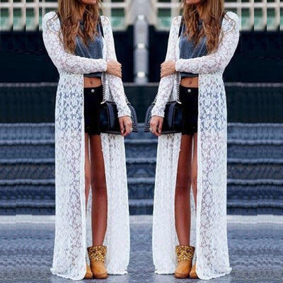 

Boho Beach Sheer Lace Floral Crochet Long Cardigan Summer Tops Blouse Maxi Dress