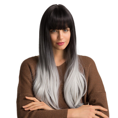 

Grey Ombre Wig 2 Tones Long Natural Straight Synthetic Wig Silver Grey Hair Wigs Bang Wig for Women 24-inch Heat Resistant Wig