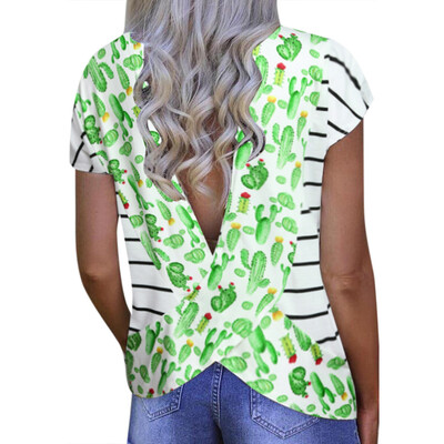 

Starmoon Fashion Women Sexy Loose Short Sleeve V-neck Printed Open Back T-Shirt Blouse