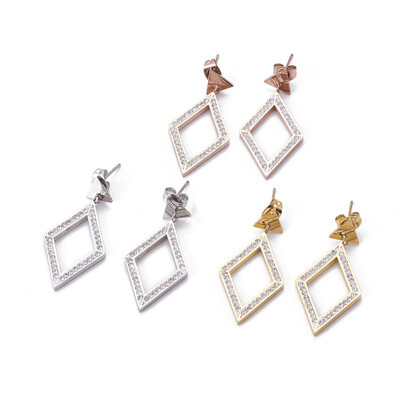 

304 Stainless Steel Dangle Stud Earrings with Polymer Clay Rhinestone Rhombus Mixed Color 35mm Pin 08mm