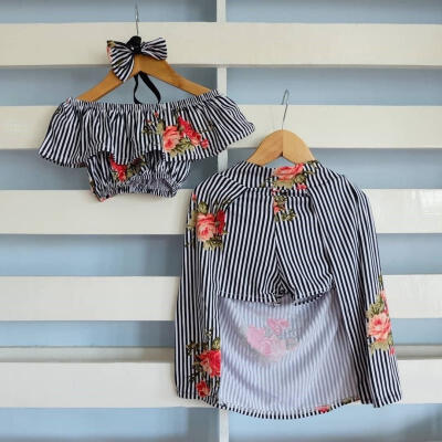 

Summer Kid Off Shoulder Floral Dress Skirt Clothes Baby Girls T Shirt Striped Crop Top