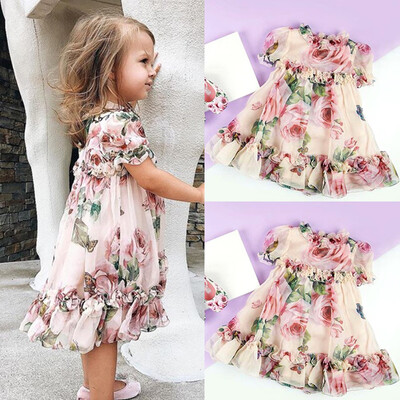 

Chiffon Toddler Kid Baby Flower Girl Princess Party Wedding Dress Short Sleeve Tutu Tulle Floral Dress