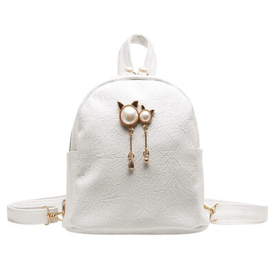 

PU Leather Travel Backpacks Women Pearl Decor Knapsack Shoulder School Bags