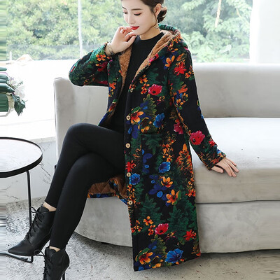 

Tailored Fashion Women Hooded Warm Retro Printing Top Long Sleeve Blouse Loose Coat