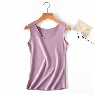 

Women Tank Top Solid Color Stretch Seamless Thermal Warm Lined Round Neck Sleeveless Casual Bodycon Tops