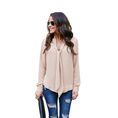 

Roseonmyhand Womens Solid Long Sleeved V-Neck Casual Tie Chiffon Shirt Top Blouse