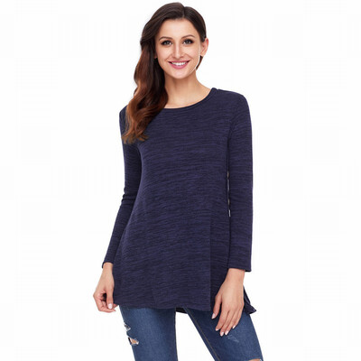 

Solid color round neck long sleeve left single row button slim fit shirt womens
