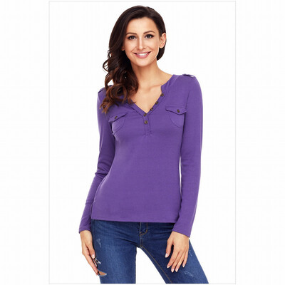 

Solid color V-neck long-sleeved side pockets multi-button casual smock