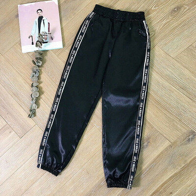 

Tailored Fashion Women Letter Pocket Elastic Waist Reflective Sport Ribbon Trousers Pants