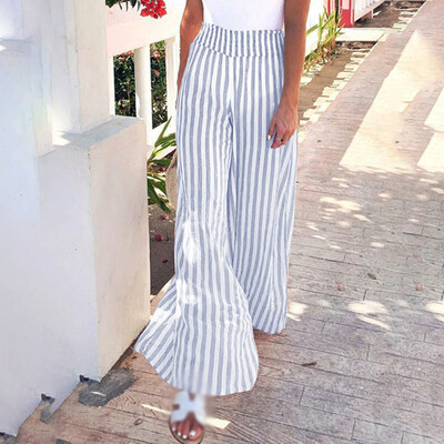 

Womens High Waist Plus Size Trousers Striped Pants Party Wide Leg Summer Casual