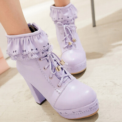 

Rose Womens Boots Lolita Sweet Round Toe Lace Up Platform High Heel Ankle Snow Boots