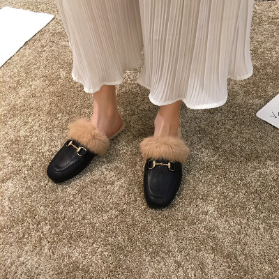 

Mingyuanfeng slippers for women wearing autumn fashion metal chain wool shoes with flat sole&half slippers