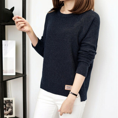 

Sweater Women Simple Casual Long-sleeved Round Neck Sweater Loose Style Solid Color Knit Bottoming Top