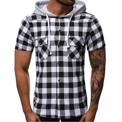 

Toponeto Fashion Mens Summer Hooded Pocket Short Sleeve Plaid T-shirt Top Vest Blouse