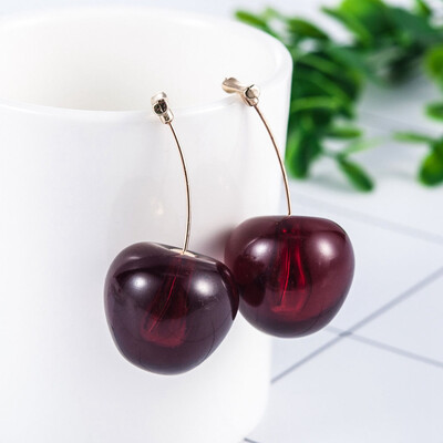 

1 Pair Fashion Simple Lovely Round Dangle Red Cherry Resin Fruit Earrings Girls