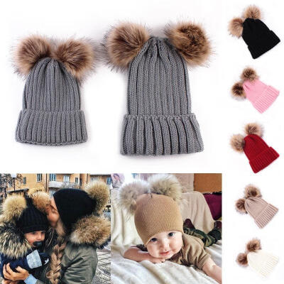 

1PCS Winter Warm Mom&Newborn Baby Boy Girl Hats Crochet Knit Hairball Beanie Cup