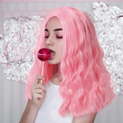 

〖Follure〗Womens Fashion Front lace Wig Pink Synthetic Hair Long Wigs Wave Curly Wig