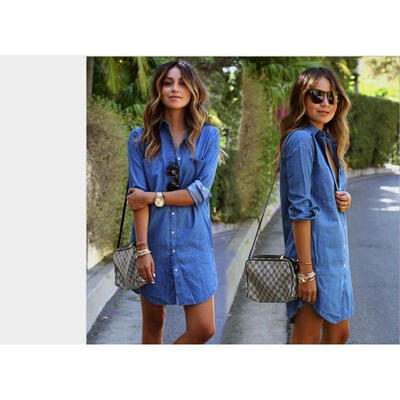 

Women Denim Blue Jeans Dress Pocket Button Long Sleeve Shirt Loose Mini Dresses