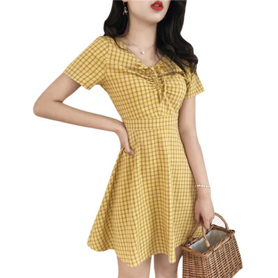 

Womens Fresh Style Short Sleeve V Neck PlaidCherry Print A-Line Lace Up Slim Dress