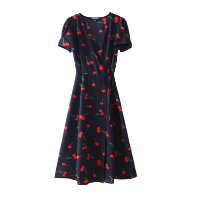 

Womens Deep V Neck Short Sleeves Floral Print Slim Waist Boho Beach Sexy Dresses