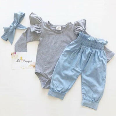

Newborn Baby Girl Tops Romper Bowknot Denim Headband Pants Autumn Outfit Clothes