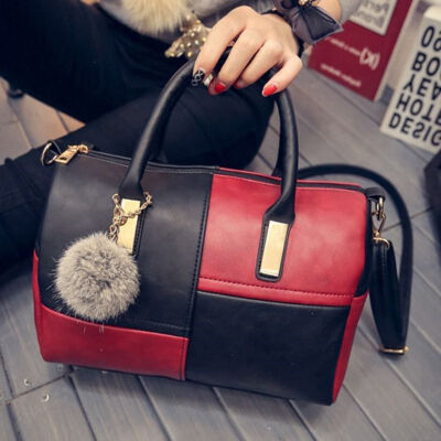 

Hot Women PU Leather Handbags Spring Hair Ball Pendant Stitching Color Versatile Messenger Zipper Simple Retro Shoulder Bag