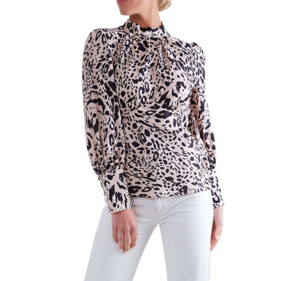 

New Women Casual Leopard High Collar Long Sleeve Backless Blouse Tops Shirt