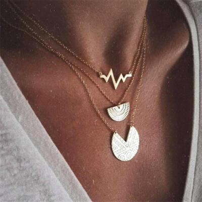 

Bohemian Retro ECG Half Disc Carved Geometric Pendant Multilayer Clavicle Chain Women Charm Necklace Beach Party Accessories