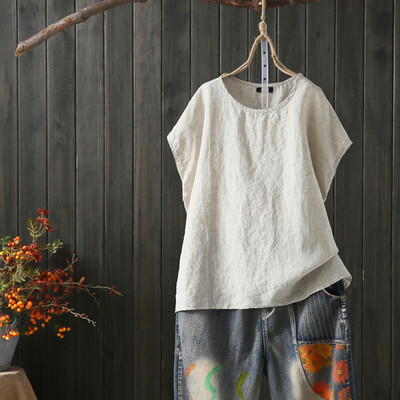 

Starmoon Womens Casual Loose Linen Plus Size Solid Short Sleeve Tanic Shirt Blouse Tops