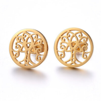 

304 Stainless Steel Stud Earrings Flat Round with Tree of Life Golden 15x12mm Pin 08mm