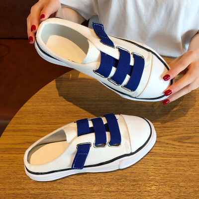 

Baotou canvas shoes womens summer Korean fashion Joker flat-bottomed white shoes half drag Mueller shoes