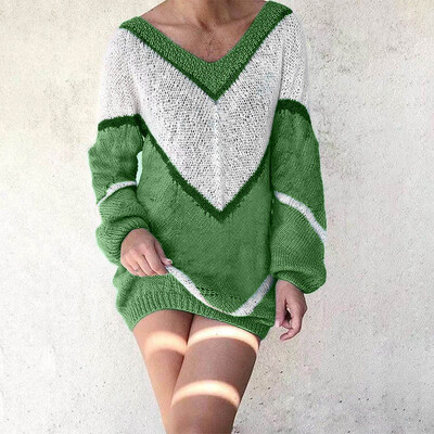 

Tailored Women New Fashion V-Neck Sexy Sweater Dress Color Block Long Sleeve Mini Dress