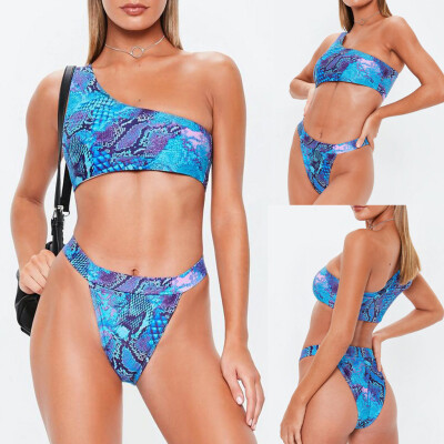 

Roseonmyhand Women Serpentine Printing One Shoulder Bikini Split Body Swimsuit Beachwear Suit