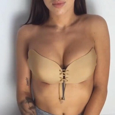 

Women Silicone Adhesive Invisible Bra Push Up Strapless Backless Wing Bralette Stick Gel Wedding Dress BlackBeige
