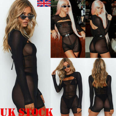 

UK Short Romper Jumpsuit Leotard Long Sleeve Womens Stretch TopShorts Bodysuit