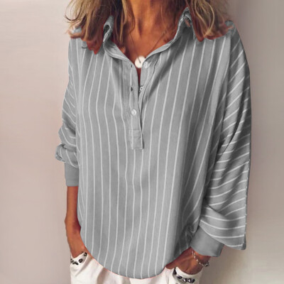 

Nomeni Fashion Woman Loose Casual Striped Button Lapel Long Sleeve Shirt Top Blouse