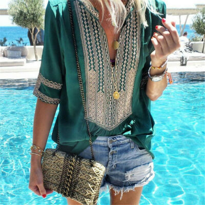 

Summer Women T-Shirt Boho Print Tee Deep V-Neck Long Sleeve Shirts Top Blouse