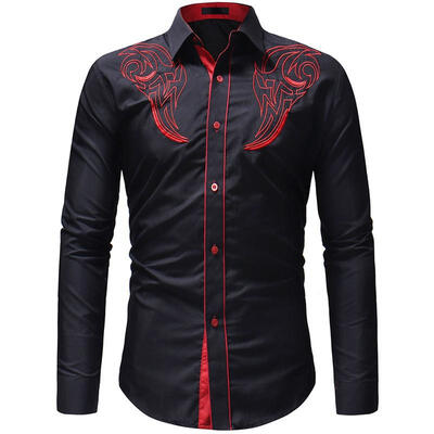 

Mens Long Sleeve Embroidery Shirt Casual Button Down Slim Fit Dress Party T-shirt