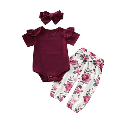 

Summer Newborn Baby Girl Clothing Set Short Sleeve Romper Tops Casual Floral Trousers with Headband Outfits Set 0-24M