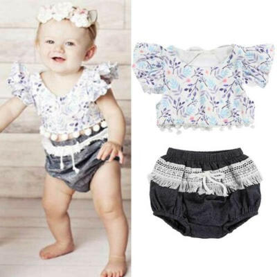 

2PCS Baby Girls Outfits Clothes Ruffle Tops Mini DressPlaids PP Pants Set