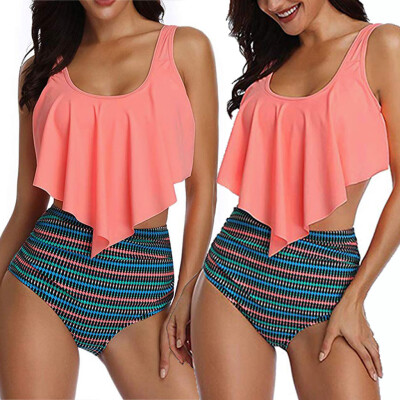 

Roseonmyhand Women Two Piece Plus Size Sexy Backless Halter Beach Printed Swimwear Set