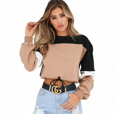 

Round neck long sleeve short T-shirt womens color matching womens shirt
