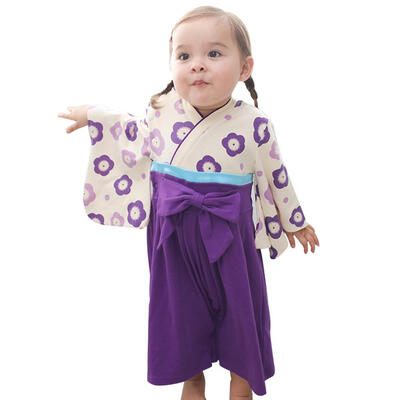 

Baby Girls Summer Long Sleeve Romper Kimono Style Bowknot Print Jumpsuit