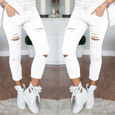 

Women Skinny Faded Ripped Holes Denim Jeans Nith Pants High Waist Stretch Slim Fit Pencil Trousers Leggings
