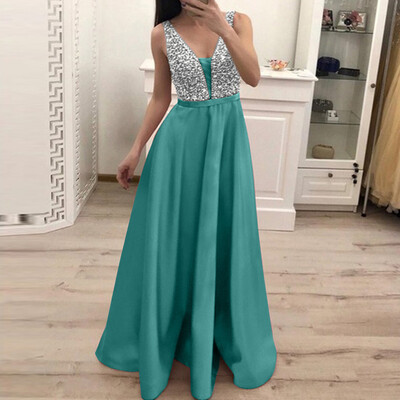

〖Follure〗Women Fashion Sequin Dresses Sleeveless V-neck Long Evening Party Dress