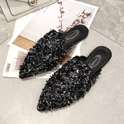 

Slippers for women wearing spring Korean version of Baitao diamond sequins semi-slippers Baotou Muller Shoe Tide