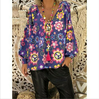 

Women Long Sleeve Boho Floral T Shirt Casual V Neck Tops Loose Blouse Summer